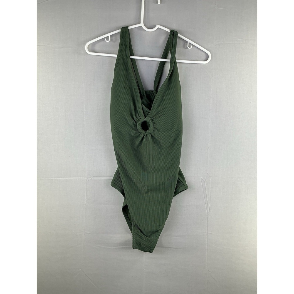 Shade & Shore Women's One Piece Swimsuit Ribbed Plunge V- Front Green  L (12-14)